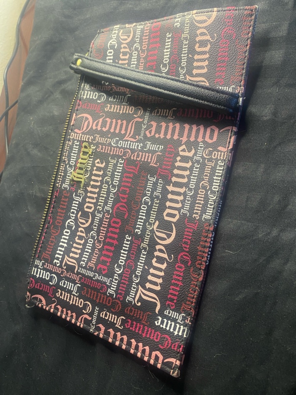 Juicy Couture Black, Red & Cream Logo Zip Wristlet Clutch